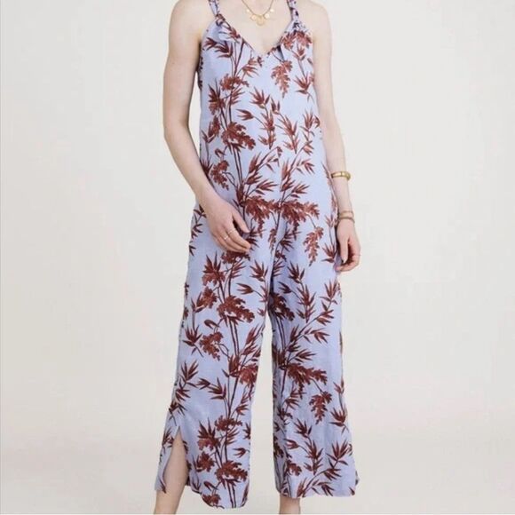 Hatch Noa Blue Floral Linen Maternity Jumpsuit Adjustable Straps Size 1 (S/XS) - Picture 2 of 9